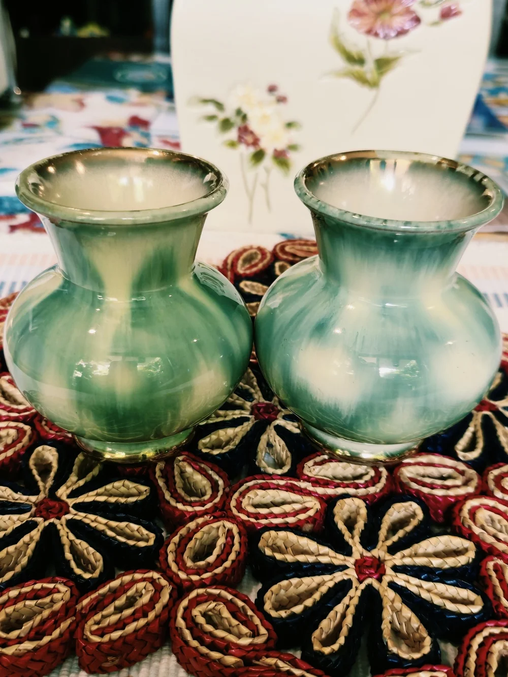 Vintage,Green and Cream Ceramic Decorative Vases - Pair
